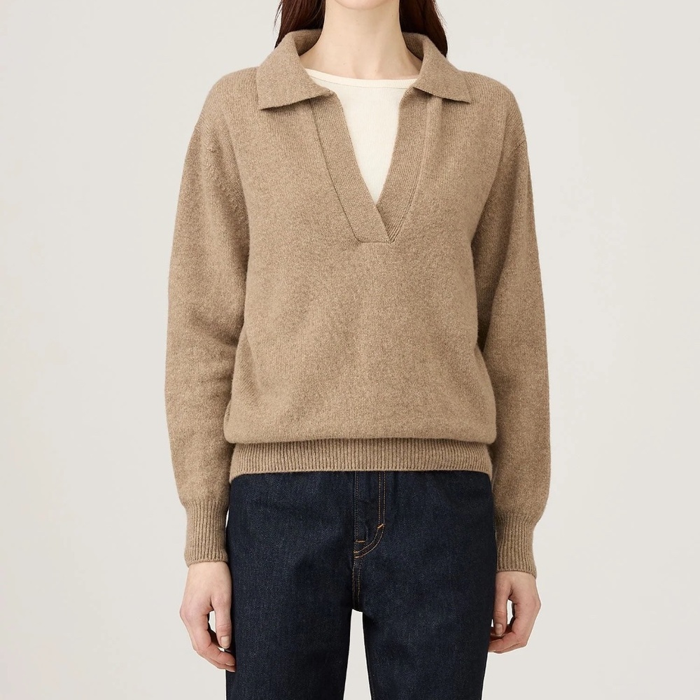 SUNSPEL Women’s Lambswool Polo Neck Sweater, Mink (Tan), Size S, M, L